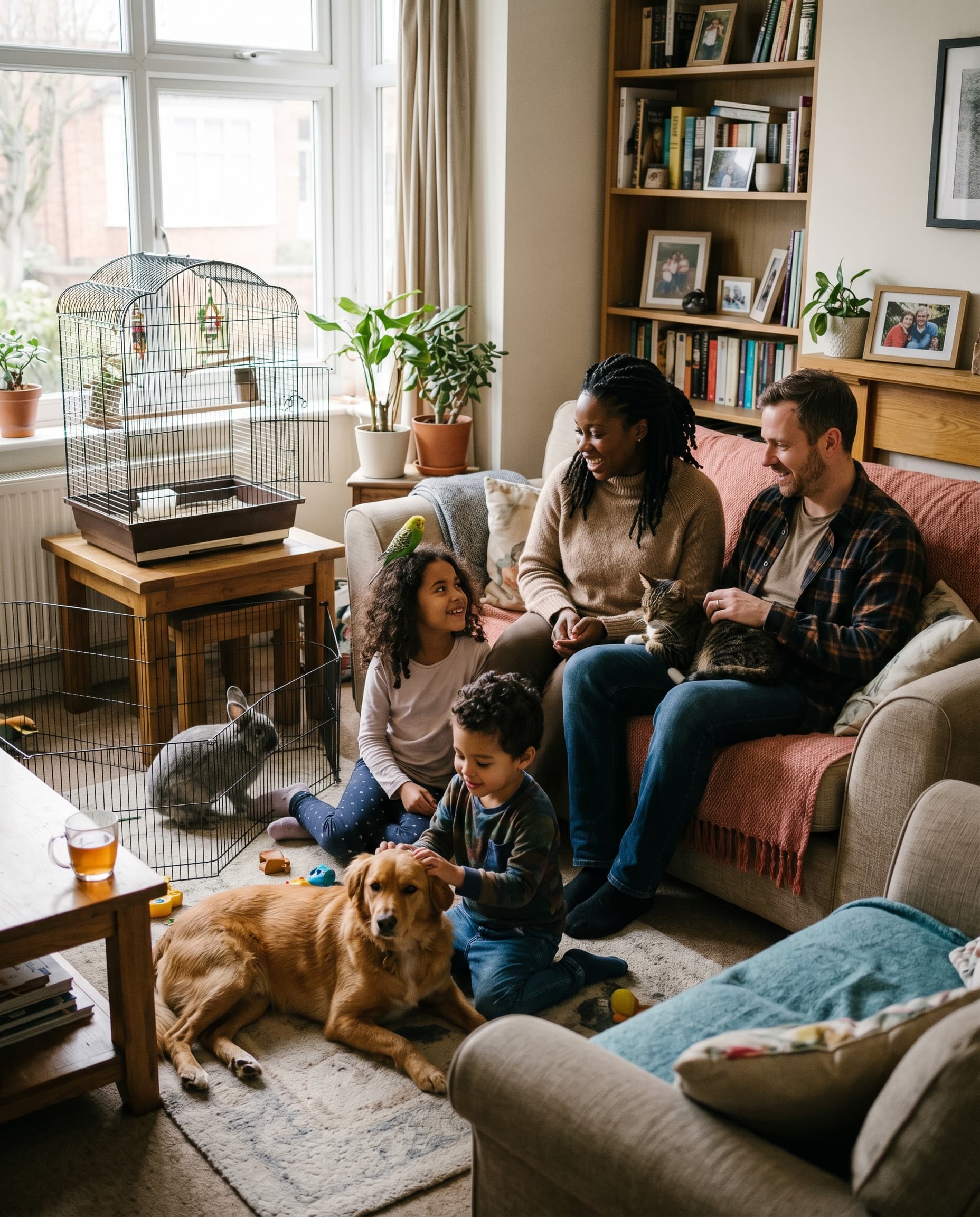 A family at home with their dog, cat, bird, and rabbit