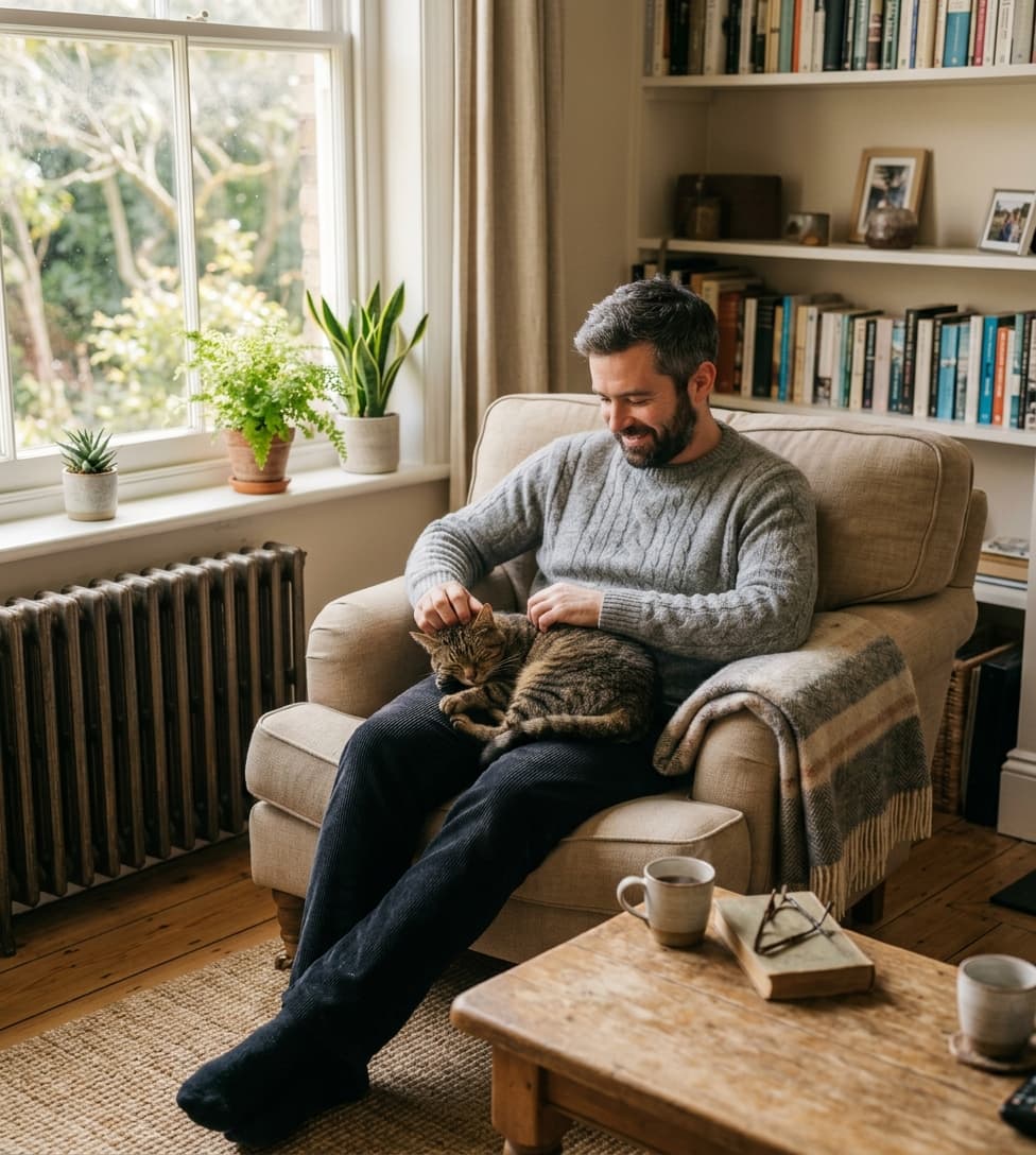 A man relaxing at home with his cat